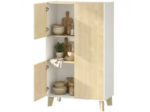 Buffet de salon, meuble de rangement à 6 compartiments avec portes à fermeture amortie, 80 x 40 x 135 cm, bois blanc et naturel