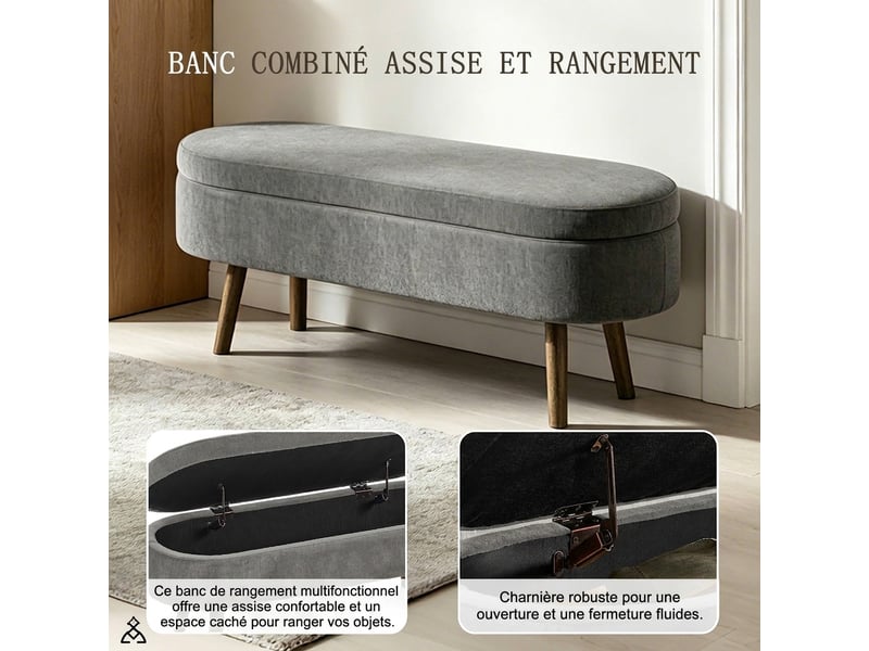  Banc de rangement gris foncé 110 cm en tissu chenille avec coffre et pieds en bois  - Conforama D