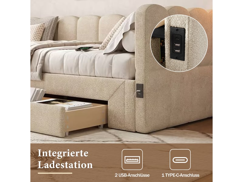  Lit rembourré 90x200 cm, lit de jour avec 2 tiroirs de rangement, canapé-lit a extensible à 180 cm, chenille beige, avec prise usb  - Conforama W