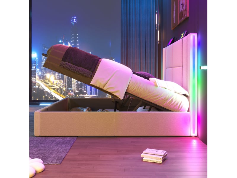 Lit coffre double 180x200 cm avec led rgb, usb-c, sommier à lattes beige - Conforama D