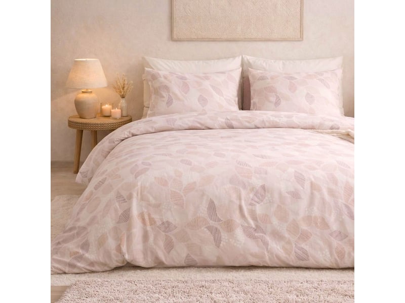  Parure housse de couette 260x240cm + 2 taies motif feuilles rose poudré 100% coton - lixia LIXIA - Conforama C