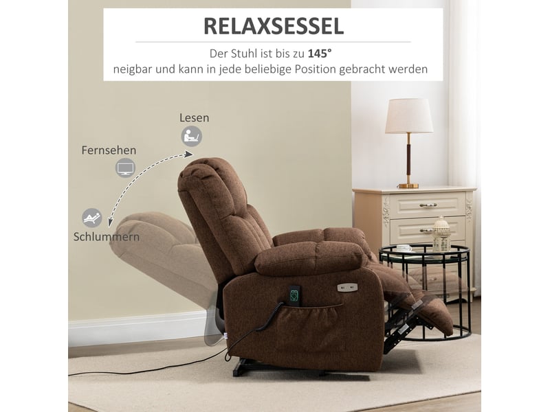  Fauteuil relax électrique releveur marron avec télécommande et ports usb, inclinaison 145°  - Conforama D