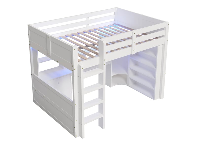 Lit mezzanine 140x200 blanc avec led, bureau, armoire, 3 tiroirs et rangements, lit surélevé enfant avec garde-corps - Conforama W