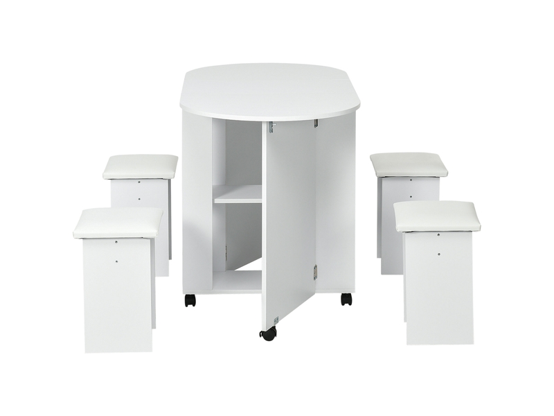  Ensemble de cuisine 5 pièces, table pliante avec 2 étagères et 4 tabourets en aggloméré, blanc  - Conforama B