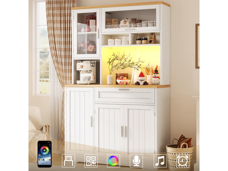  Armoire de cuisine avec éclairage led, meuble vitrine blanc et noir, vaisselier haut 180 cm, rangement mdf  - Conforama C
