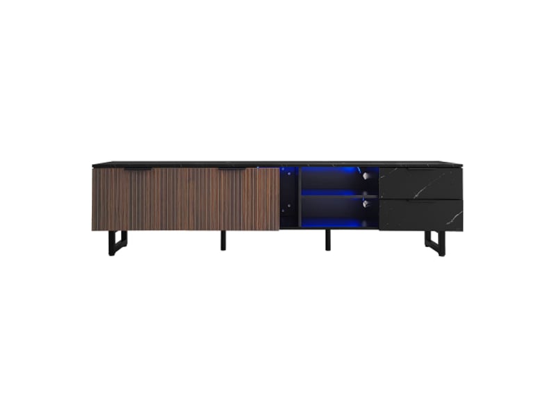  Meuble tv - sogeu - éclairage led réglable - 200 cm - effet marbre noir &amp; portes bois - compatible robot aspirateur  - Conforama C