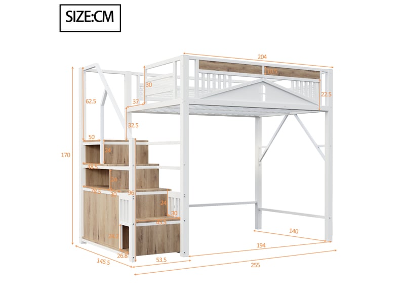Lit mezzanine enfant 140x200 cm – blanc – escalier avec rangements et garde-corps sécurisé – sans matelas - Conforama C