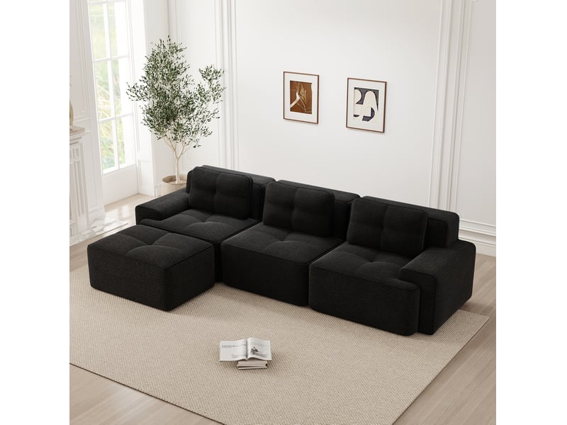  Canapé d'angle modulable 3 places en velours côtelé noir avec pouf, sans montage, idéal pour le salon  - Conforama E