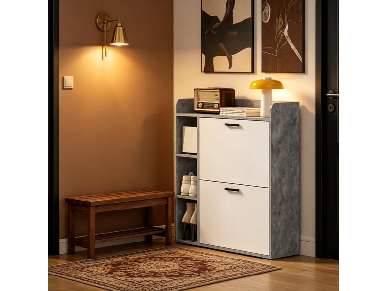  Meuble à chaussures 83 x 24 x 90,5 cm – gris et blanc – 2 compartiments basculants, rangement 15 paires  - Conforama D