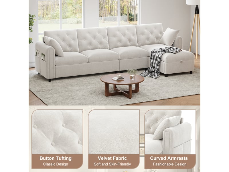 Canapé d'angle 4 places convertible avec rangement d'angle en polyester beige, 281×132×86 cm, méridienne réversible - Conforama E