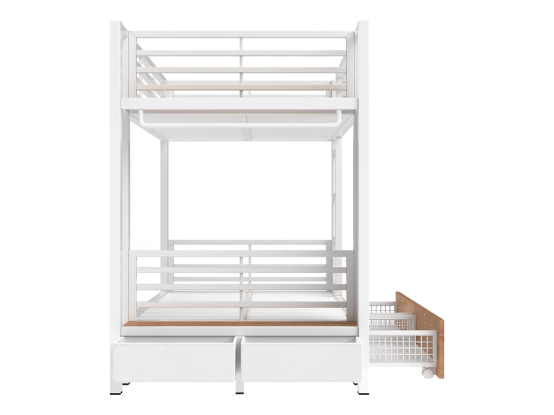  Lit superposé 90×200 cm avec tiroirs, espace vêtements et led, métal et mdf blanc sans matelas  - Conforama D