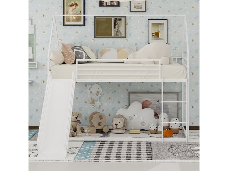 Lit superposé 90x190 cm forme maison avec toboggan, métal, blanc, sans matelas - Conforama B