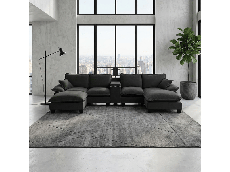  Canapé panoramique en u modulaire avec rangement et ports usb - 2 poufs, porte-gobelets, chenille noire  - Conforama B