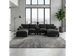 Canapé panoramique en u modulaire avec rangement et ports usb - 2 poufs, porte-gobelets, chenille noire