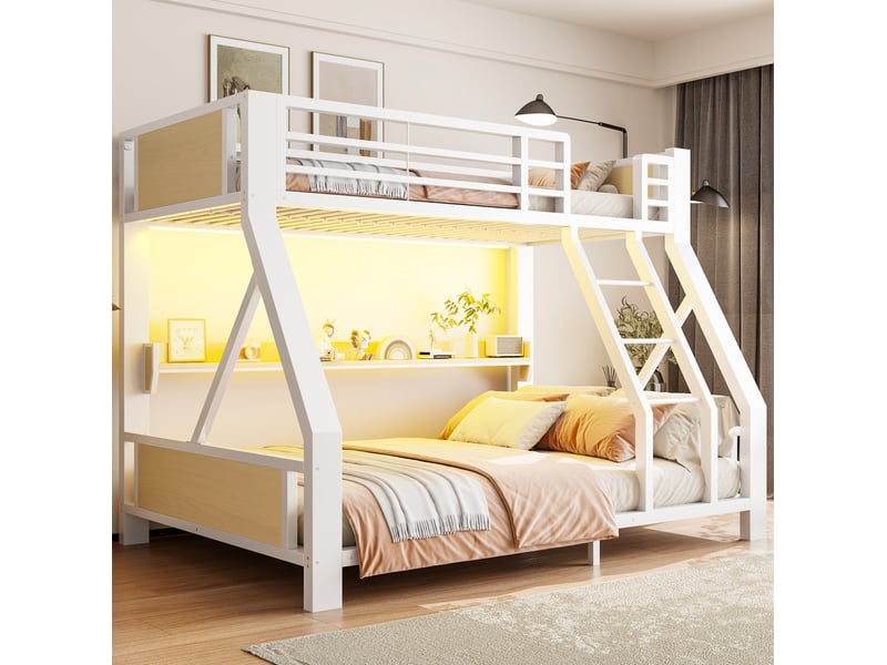 Lit superposé enfant 90x200 140x200 cm – blanc – led, étagère intégrée et structure métal bois - sans matelas - Conforama B