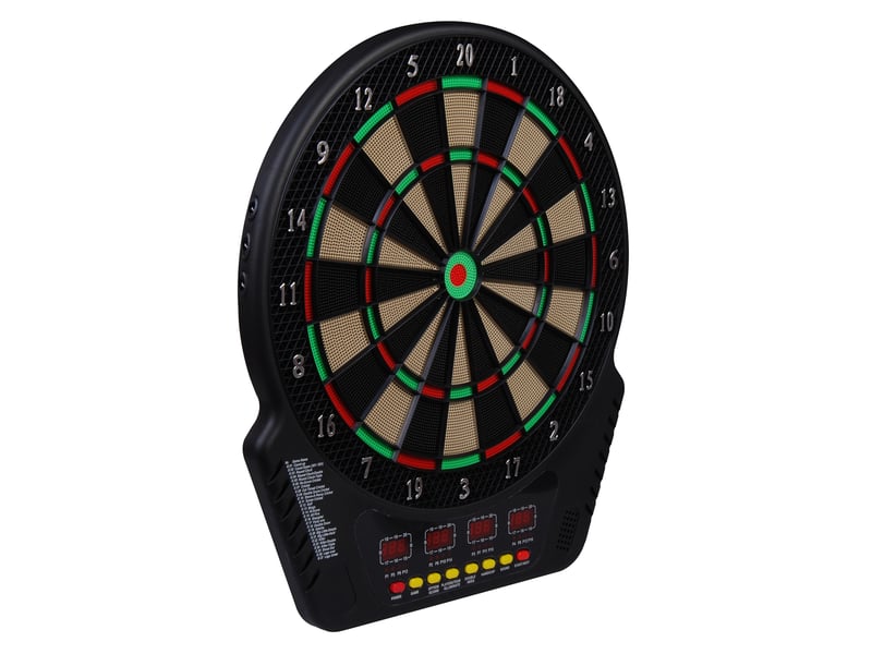 Cible fléchettes électronique 44×51,5×3,2 cm, écran led, comptage auto, sons, 6 fléchettes, 24 pointes, 27 jeux, 243 variantes, 16 joueurs - Conforama B
