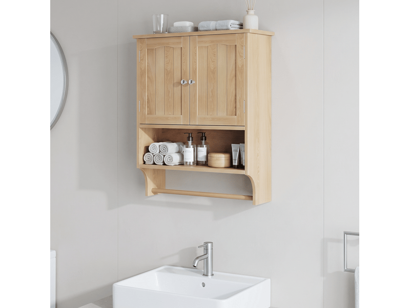  Meuble mural de salle de bains effet chêne avec 2 portes, niche ouverte et porte-serviettes  - Conforama E