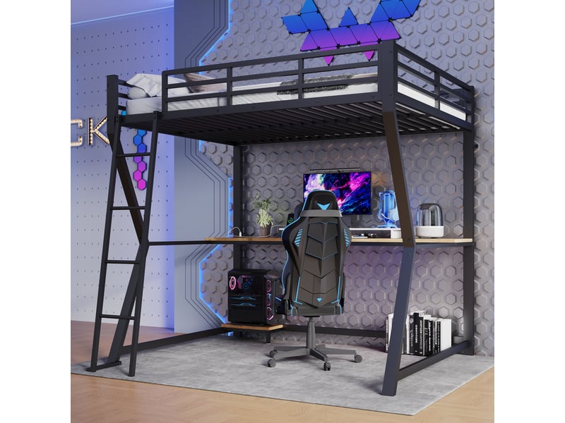  Lit mezzanine 140x200cm coloris noir led métal lit enfant noir - Conforama D