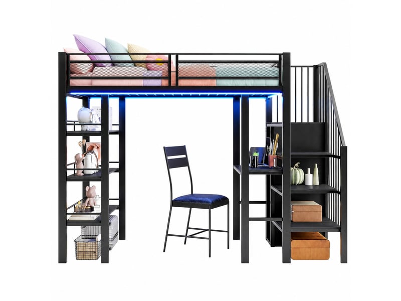  Lit mezzanine enfant 90x200 cm – noir – bureau, rangements, led et escalier réversible - sans matelas  - Conforama A