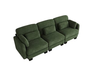 Canapé droit modulable 253 cm 3 places, accoudoirs amovibles, coussins lombaires épais à soutien renforcé, assise à ressorts ensachés, chenille, vert