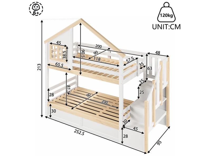  Lit superposé enfant 90x200 cm avec rangement hydraulique et décor maison blanc et naturel  - Conforama C