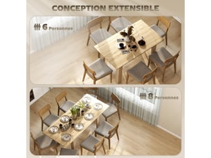 Table à manger extensible, table de cuisine rectangulaire, pour 6-8 personnes, effet bois naturel, 140-180 x 80 cm