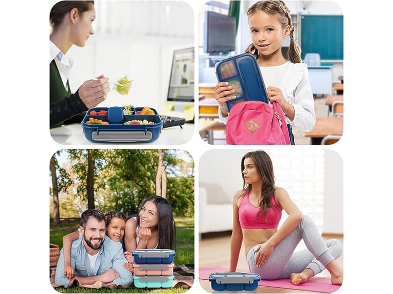  Coffret bento 7 pièces pour adultes et enfants, boîte à lunch à 4 compartiments, ustensiles, pot à sauce, caissettes à muffins, 1300 ml  - Conforama B