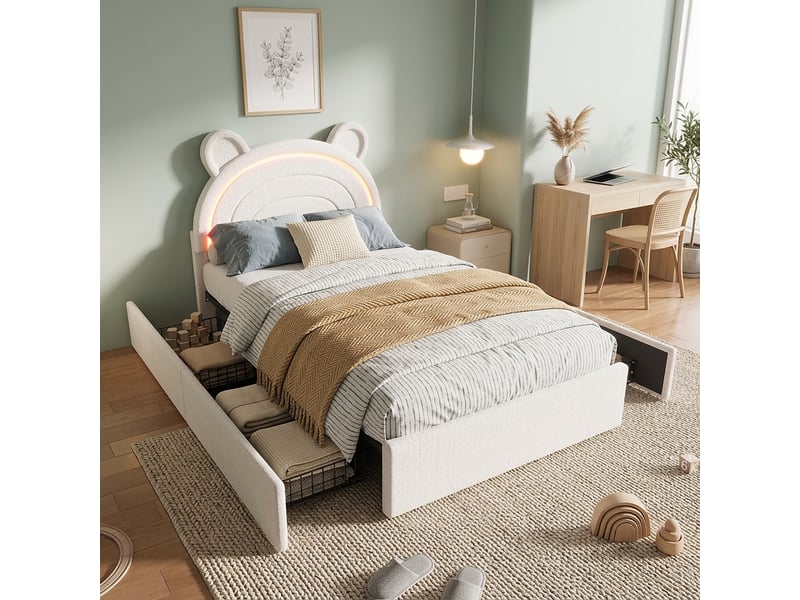  Lit enfant capitonné 90x200 cm lit fille lit simple rembourré en velours avec led tête de lit d'ours 4 tiroirs de rangement, beige  - Conforama E