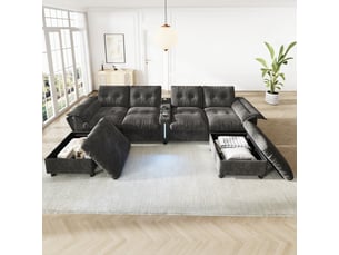 Canapé d'angle panoramique fixe  Fay Lum 6 places Tissu gris avec coffre de rangement