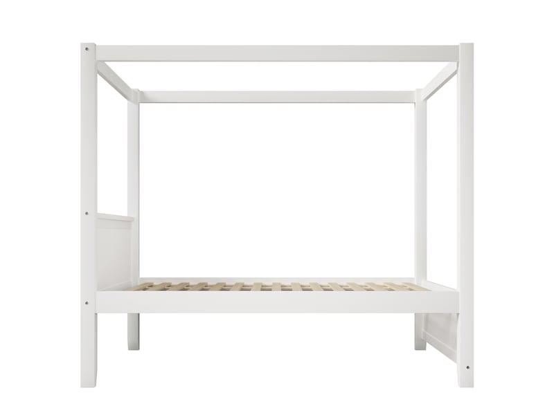  Lit à baldaquin enfant 90x200 cm, cadre de toit décoratif, tête et pied de lit à lattes verticales, structure en bois, blanc Morn Vibe - Conforama D