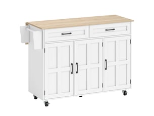 Îlot de cuisine avec plateau rabattable, chariot à roulettes 2 tiroirs, 3 portes, blanc, porte-racks et porte-serviettes