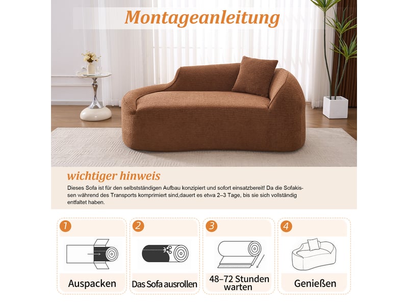 Canapé convertible 2 places avec assise profonde et coussin - forme courbée, chenille caramel - Conforama C