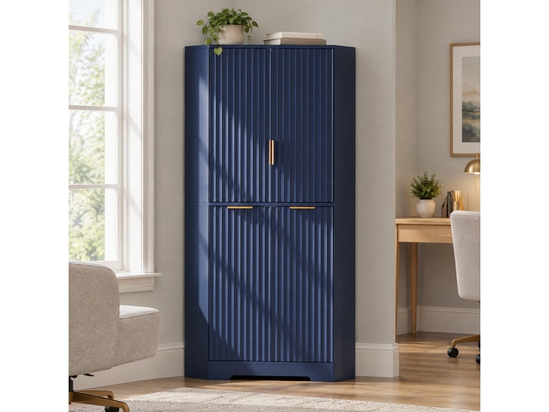  Buffet d’angle 60x60x172 cm, 4 portes bleu avec tablettes réglables, style moderne  - Conforama B