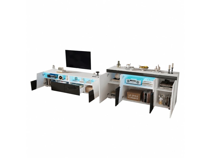 Ensemble meuble tv et buffet de salon avec éclairage led, meuble tv 180 x 38,5 x 45 cm et buffet 140 x 40 x 65 cm, noir et blanc - Conforama A