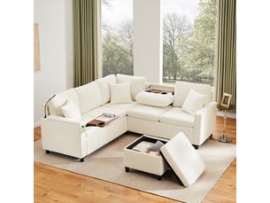 Canapé d'angle, transformable en lit, avec porte-gobelets, avec ports usb, en tissu chenille, coloris beige, l205 x p205 x h85 cm