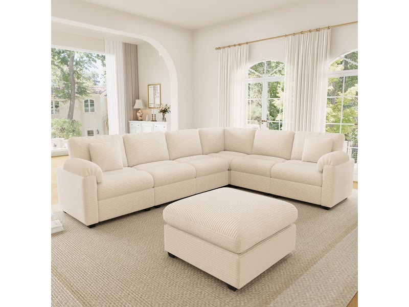  Canapé d'angle modulable xxl 7 places 274,5x210,5x85,5 cm en ul avec pouf séparé, coussins, velours côtelé spacieux - beige Bliss Lite - Conforama E