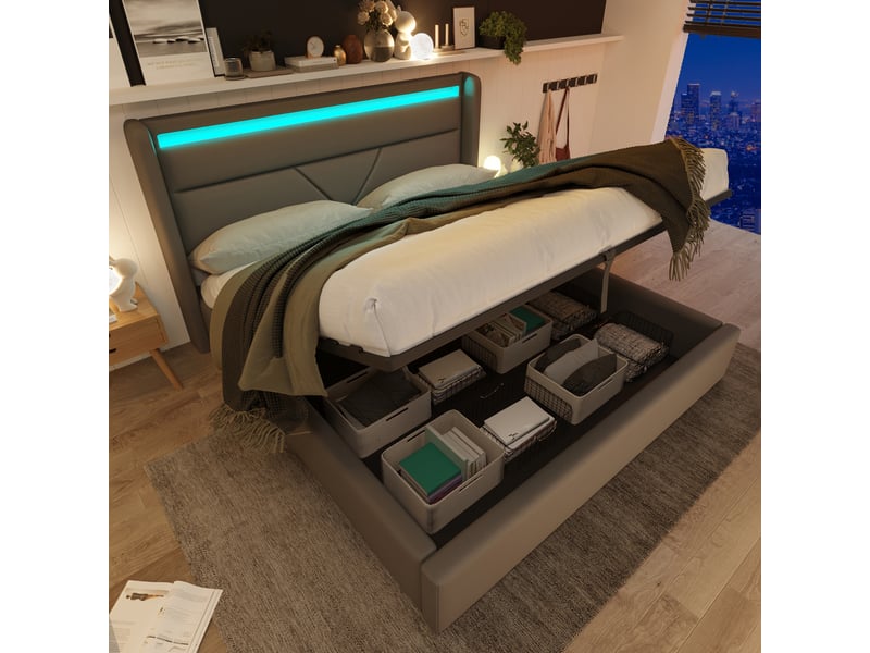 Lit coffre hydraulique 160 x 200 cm avec tête de lit led et télécommande, pu gris - Conforama B