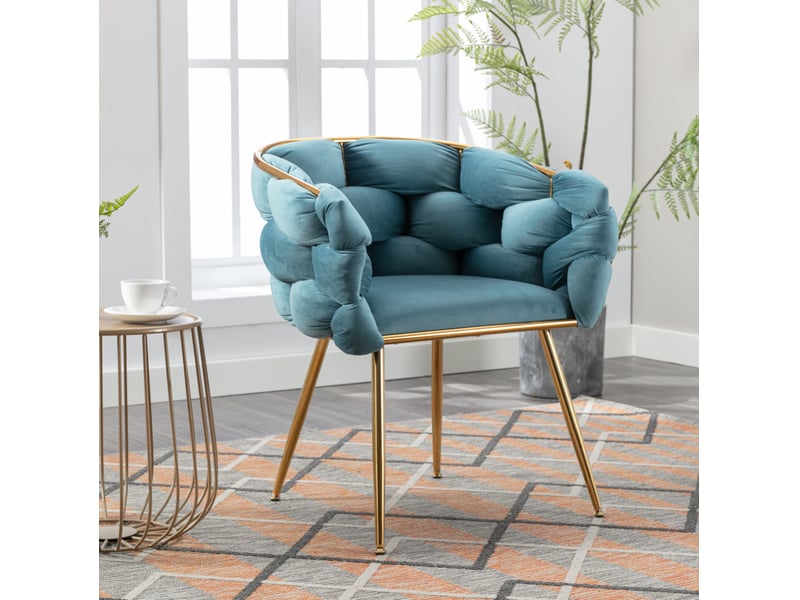 Fauteuil d'appoint 58 x 59 cm – bleu – velours rembourré, accoudoirs et piètement en métal doré moderne - Conforama B
