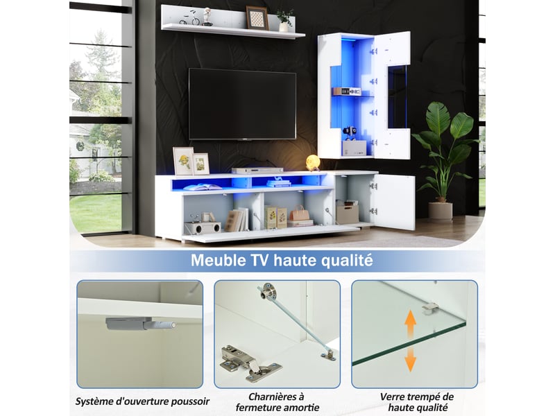  Meuble tv mural 3 pièces avec 4 portes, led et rangement pour salon en mdf 180×40×45 cm blanc  - Conforama C