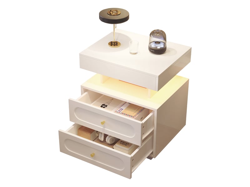  Table de chevet led blanche avec 2 tiroirs et niche ouverte, 50 x 40 x 60 cm  - Conforama A