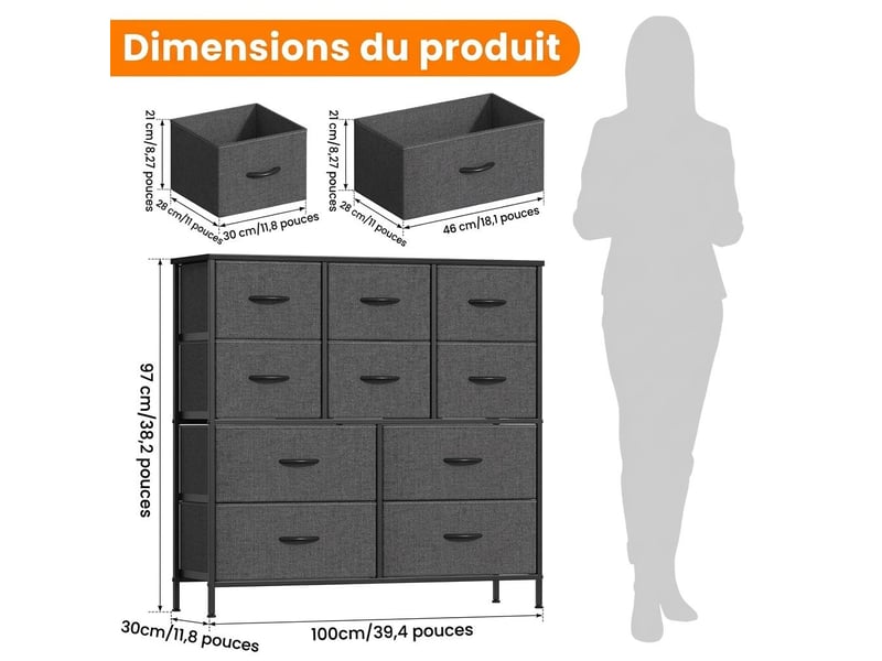  Chiffonnier meuble 100x30x97 cm dix tiroirs tissu gris fonce et metal noir chambre  - Conforama D