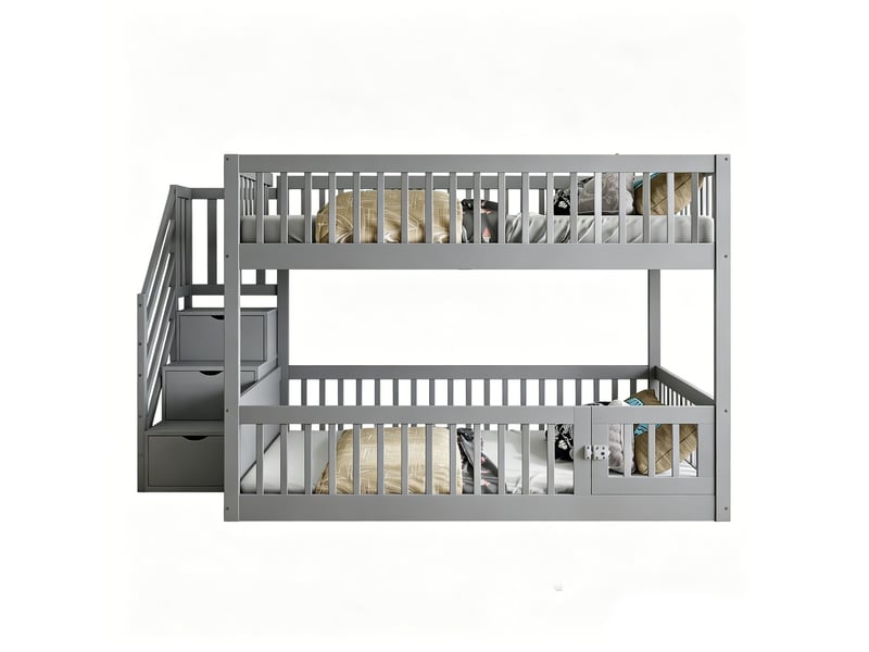 Lit superposé 140 × 200 cm 2 places avec escalier à tiroirs et barrières, sans matelas, en bois massif gris - Conforama A