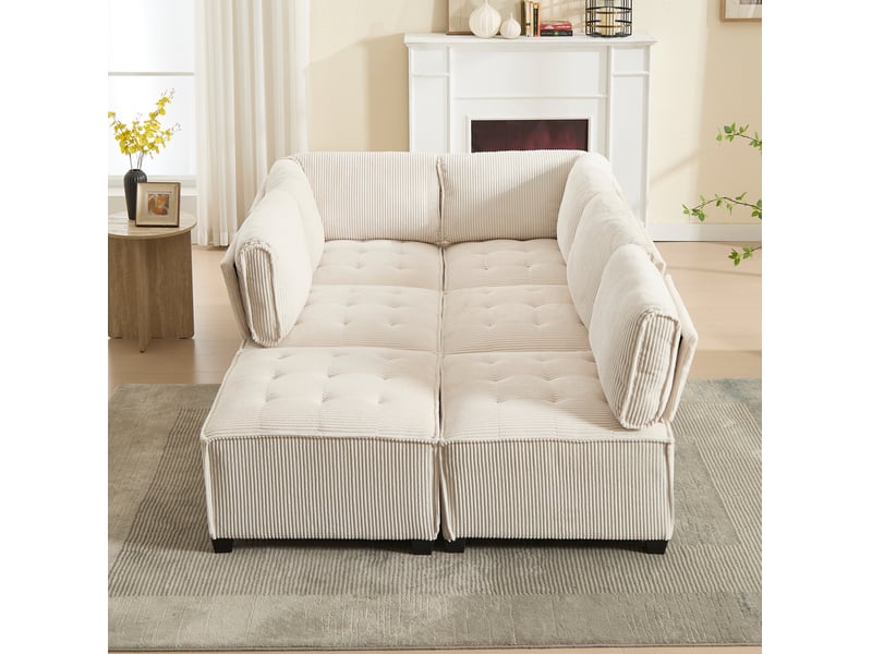  Canapé modulable 6 places en velours côtelé beige, convertible en u ou l, avec poches latérales pratiques  - Conforama E
