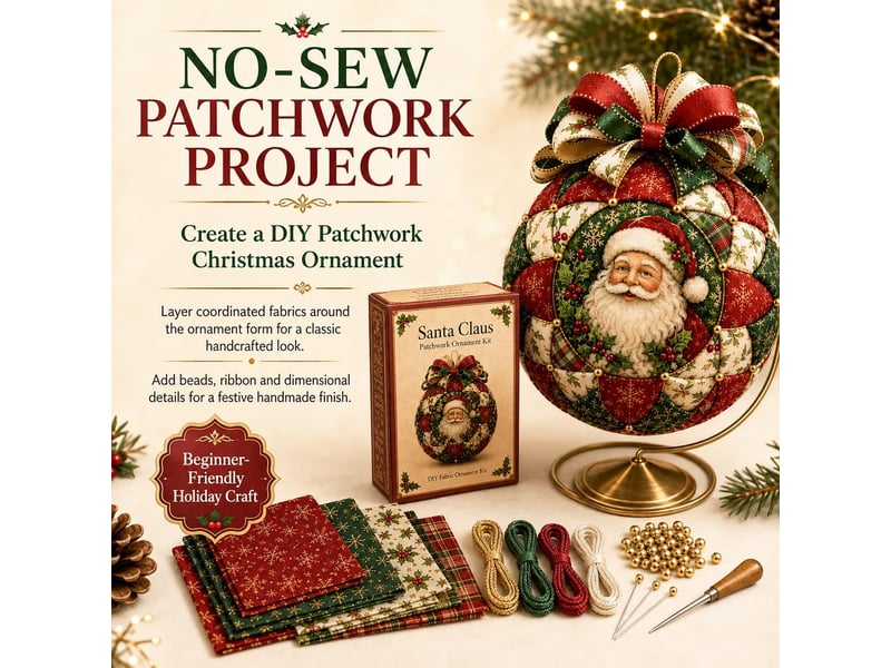  Kit diy noël sans couture, ornement patchwork pour sapin avec tissu, perles et ruban, décoration créative fait main, bonhomme en pain d'épices  - Conforama B