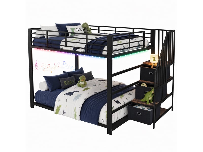  Lit superposé adulte 140x200 cm avec escalier en mdf et métal couleur noir sans matelas, design industriel  - Conforama A