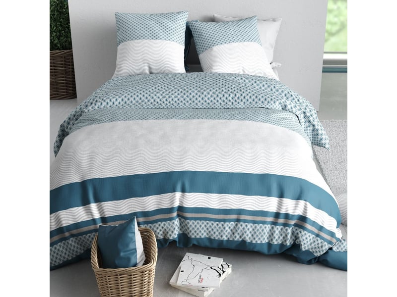  Parure housse de couette 240x220cm + 2 taies motif géométrique bleu et gris 100% coton - cherine CHERINE - Conforama C