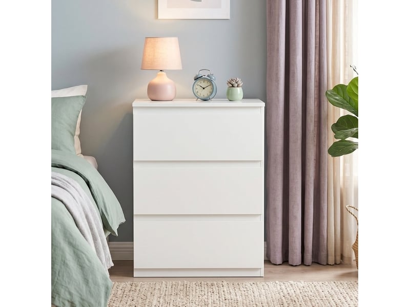  Commode blanche à 3 tiroirs sans poignées, 55 x 34 x 75 cm, finition mélaminée  - Conforama D