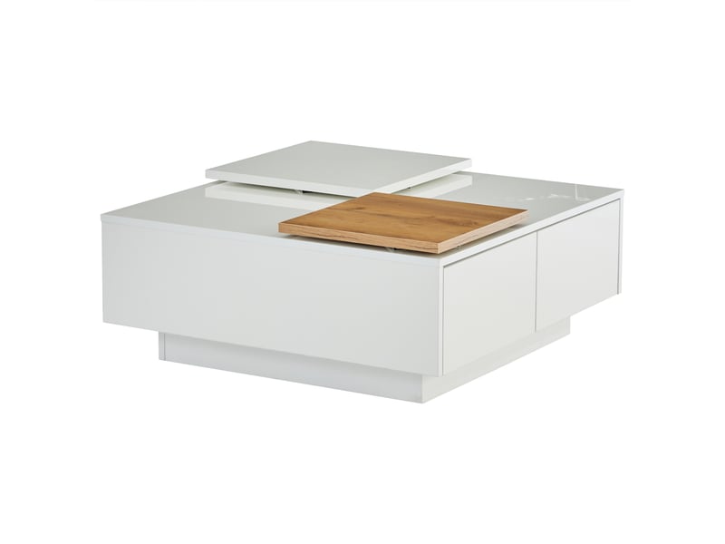  Table basse carrée blanc brillant avec plateau coulissant et 4 tiroirs cachés, 75x75x33.5cm  - Conforama W