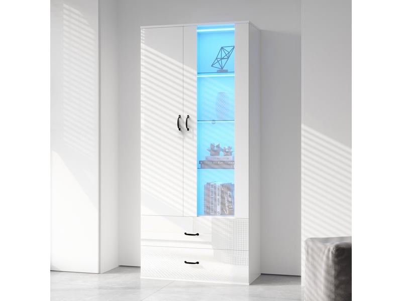 Vitrine 2 portes avec led bluetooth et 2 tiroirs - lpospi - 5 niveaux, verre et acrylique, blanc 59,5 × 35 × 182 cm - Conforama B