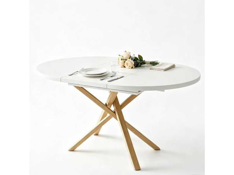  Table à manger extensible 100-140 x 100 cm, 4-6 personnes, pieds croisés, blanc et bois Jamama eleni - Conforama A